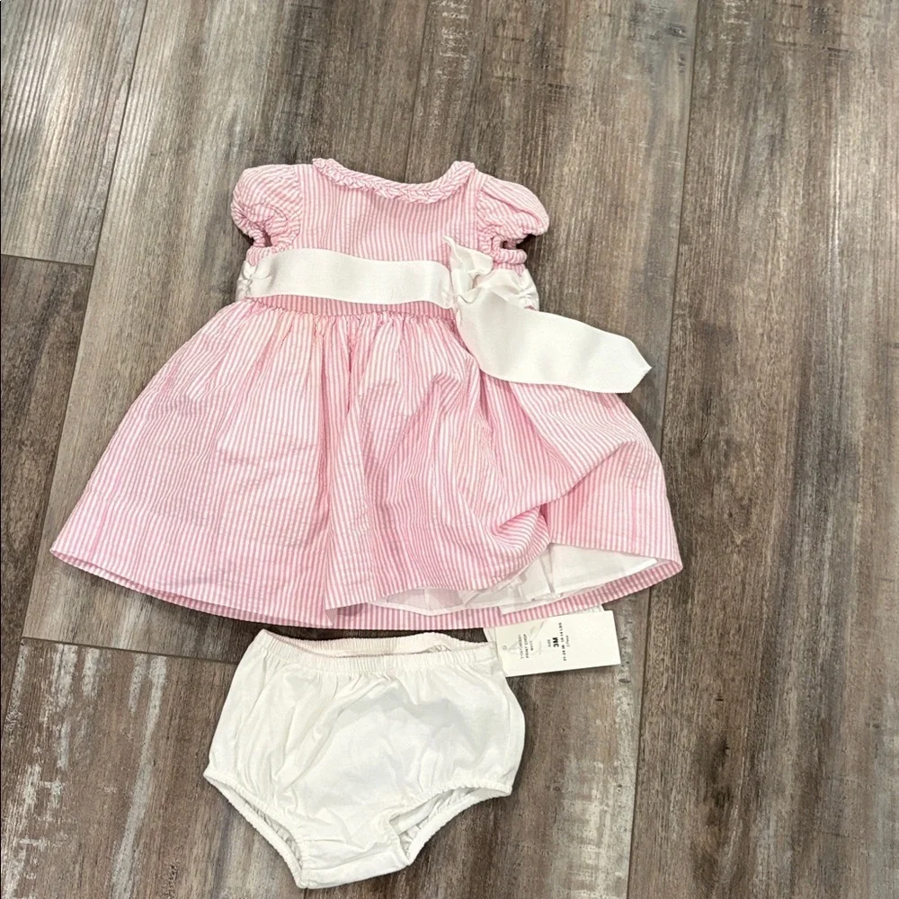 Ralph Lauren pink & white seersucker baby dress and diaper cover layette 3 month